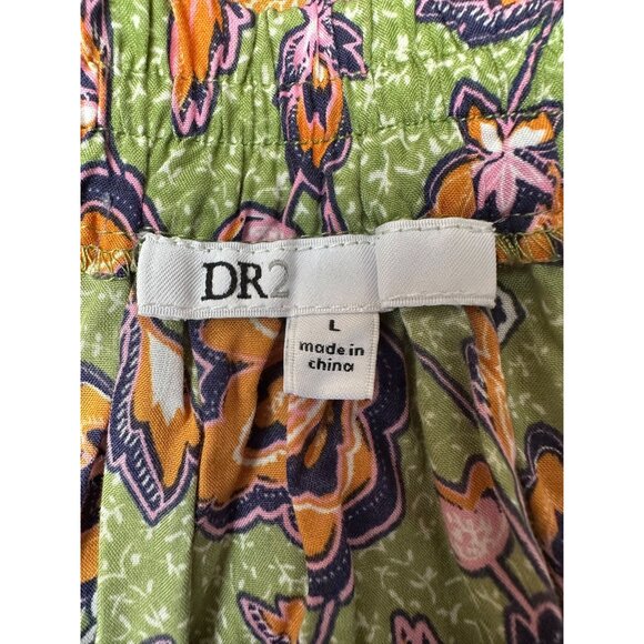 DR2 Daniel Rainn Floral Maxi Skirt Large Green Yellow Boho Cottage Elastic Waist - Picture 2 of 8
